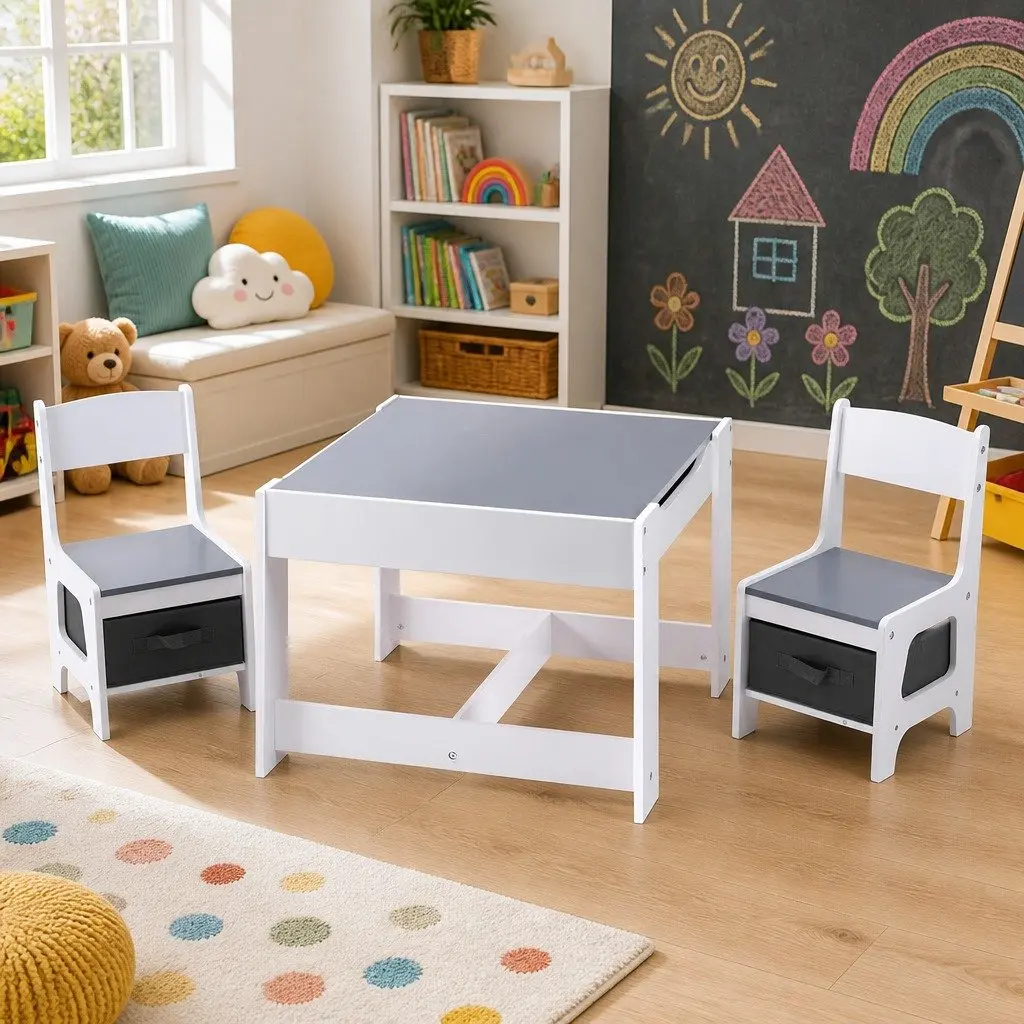 Kids Table and Chairs Set Grey Reversible Chalkboard Top Hidden Storage Compartments