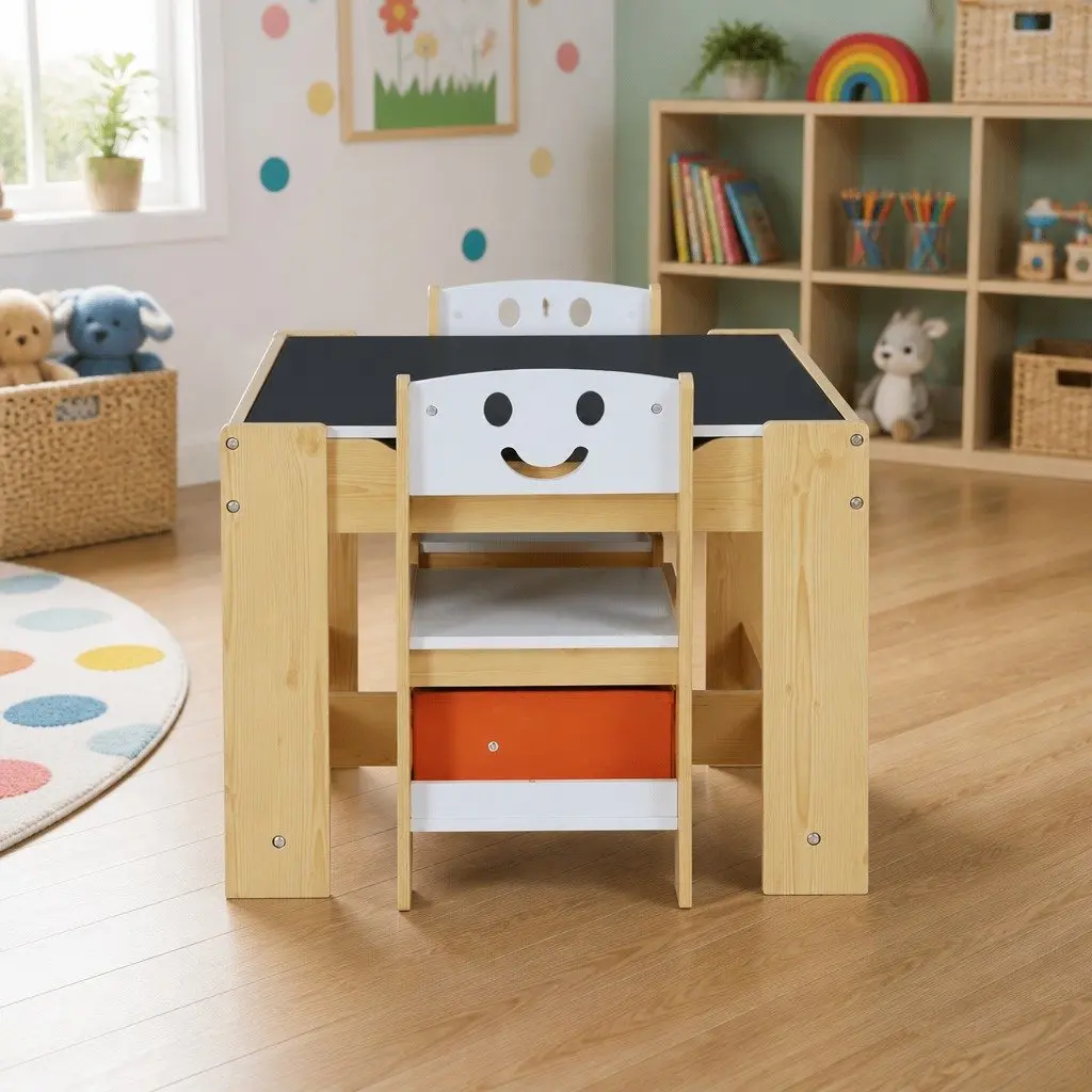 Kids Table and Chairs Set 3 Piece Reversible Desktop with Chalkboard and Hidden Storage Compartments