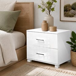 Bedside Table 2 Drawers White High Gloss Modern Storage Cabinet Side Table