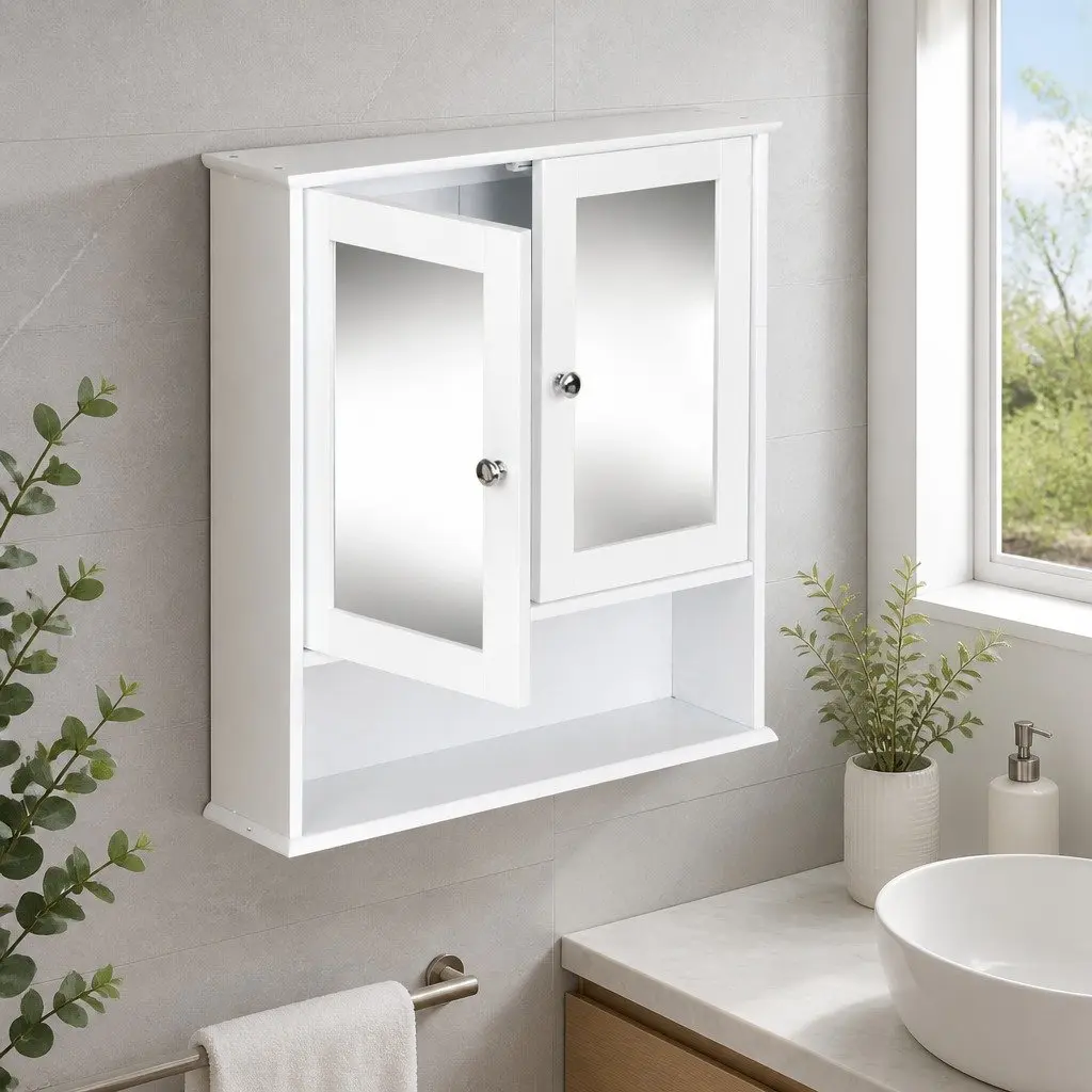 Bathroom Mirror Cabinet White Tallboy Space Saving with Adjustable Shelving