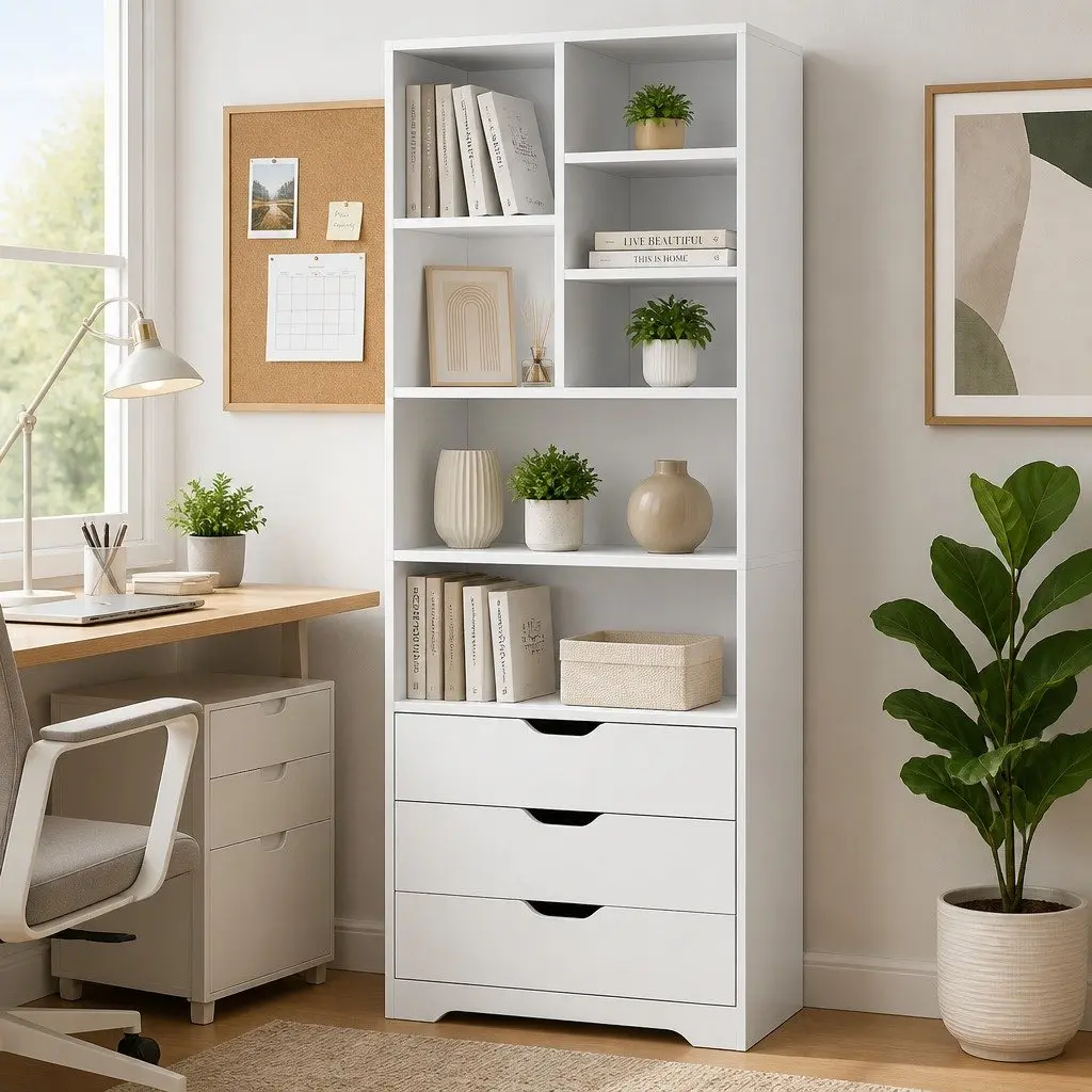 Display Bookshelf White 7 Shelves 3 Drawers Modern Storage Cabinet