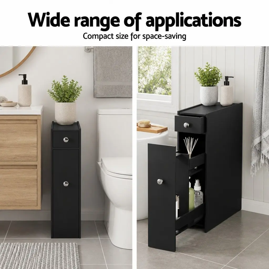 Bathroom Storage Cabinet Slim Toilet Tissue Box Caddy Holder Side Wooden Black