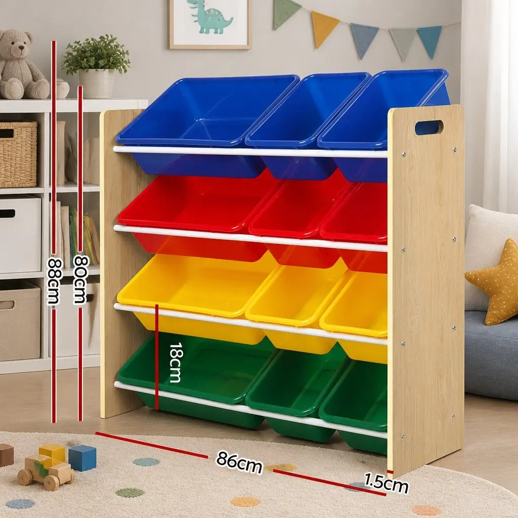 Kids Toy Box Storage Rack 4 Tier 12 Bins Organiser
