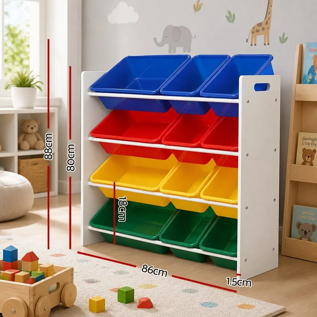 Kids Toy Box Storage Organiser 4-Tier Rack with 12 Removable Colourful Bins