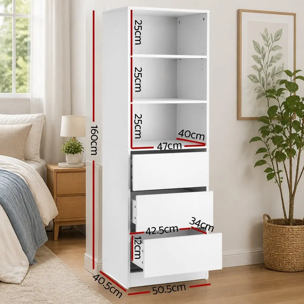 Tallboy Storage Cabinet White 3 Drawer Chest with Adjustable Shelves Bedroom Organizer
