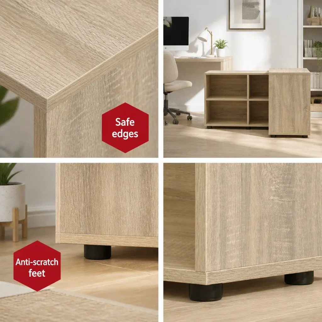 Computer Desk 130cm L-Shape with 4-Compartment Bookcase Storage Oak Office Furniture