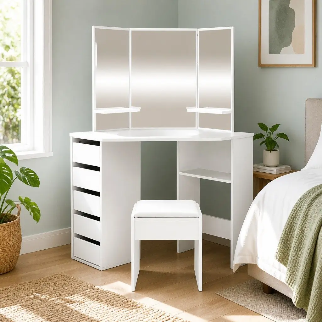Dressing Table Stool Set Corner White 5 Drawers Three Panel Mirror Bedroom Furniture