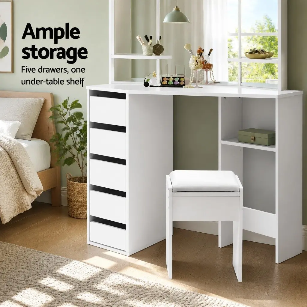 Dressing Table Stool Set Corner White 5 Drawers Three Panel Mirror Bedroom Furniture