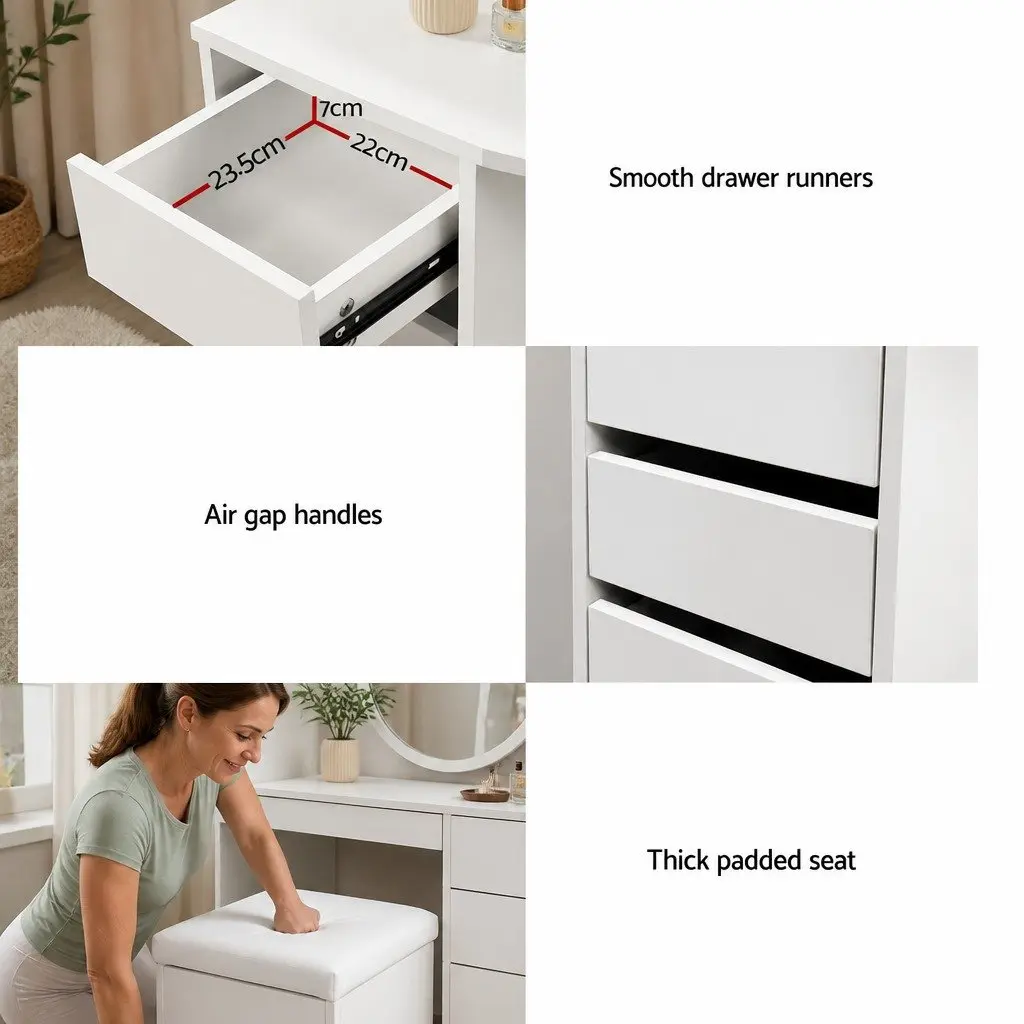 Dressing Table Stool Set Corner White 5 Drawers Three Panel Mirror Bedroom Furniture