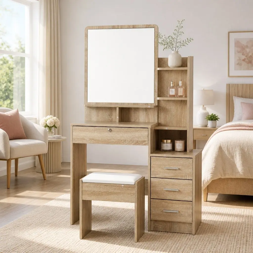 Dressing Table Stool Set Oak Four Drawers Vanity Mirror Storage Shelves