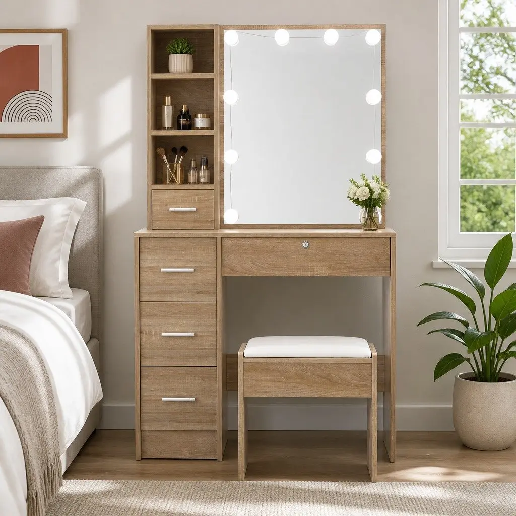 Dressing Table Set with Stool Hollywood Mirror 10 LED Bulbs 3 Shelves 5 Drawers USB Powered