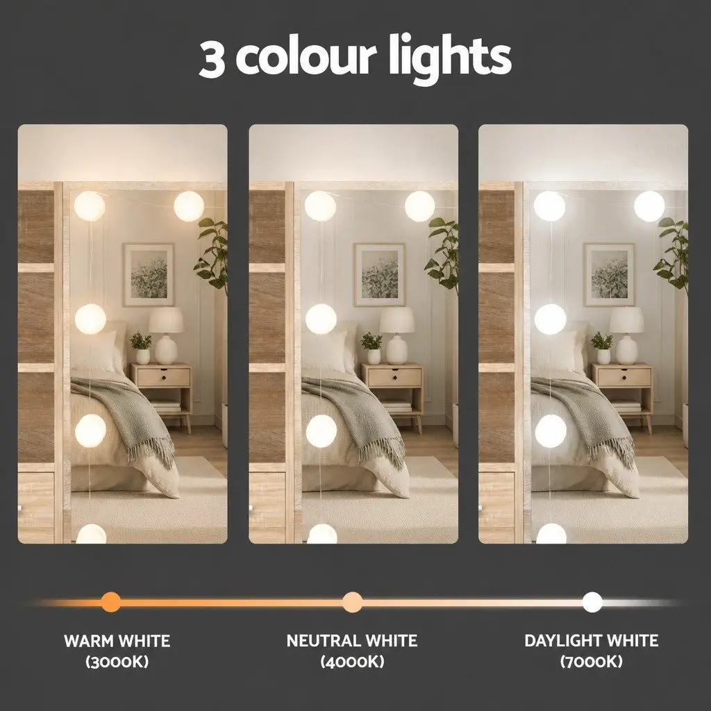 Dressing Table Set with Stool Hollywood Mirror 10 LED Bulbs 3 Shelves 5 Drawers USB Powered