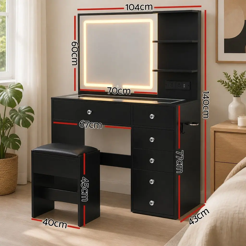 Dressing Vanity Desk with LED Mirror Black Adjustable Lighting Storage and Foam-Padded Stool