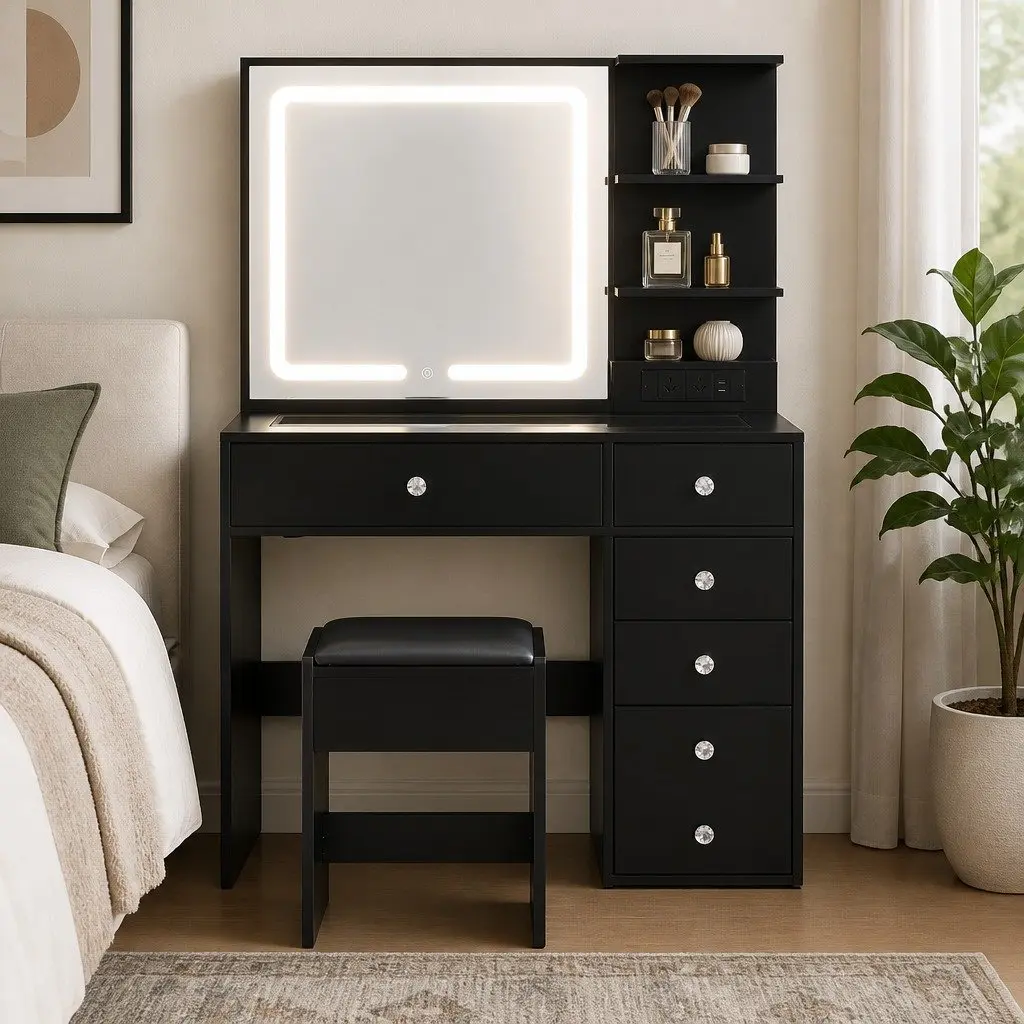 Dressing Vanity Desk with LED Mirror Black Adjustable Lighting Storage and Foam-Padded Stool