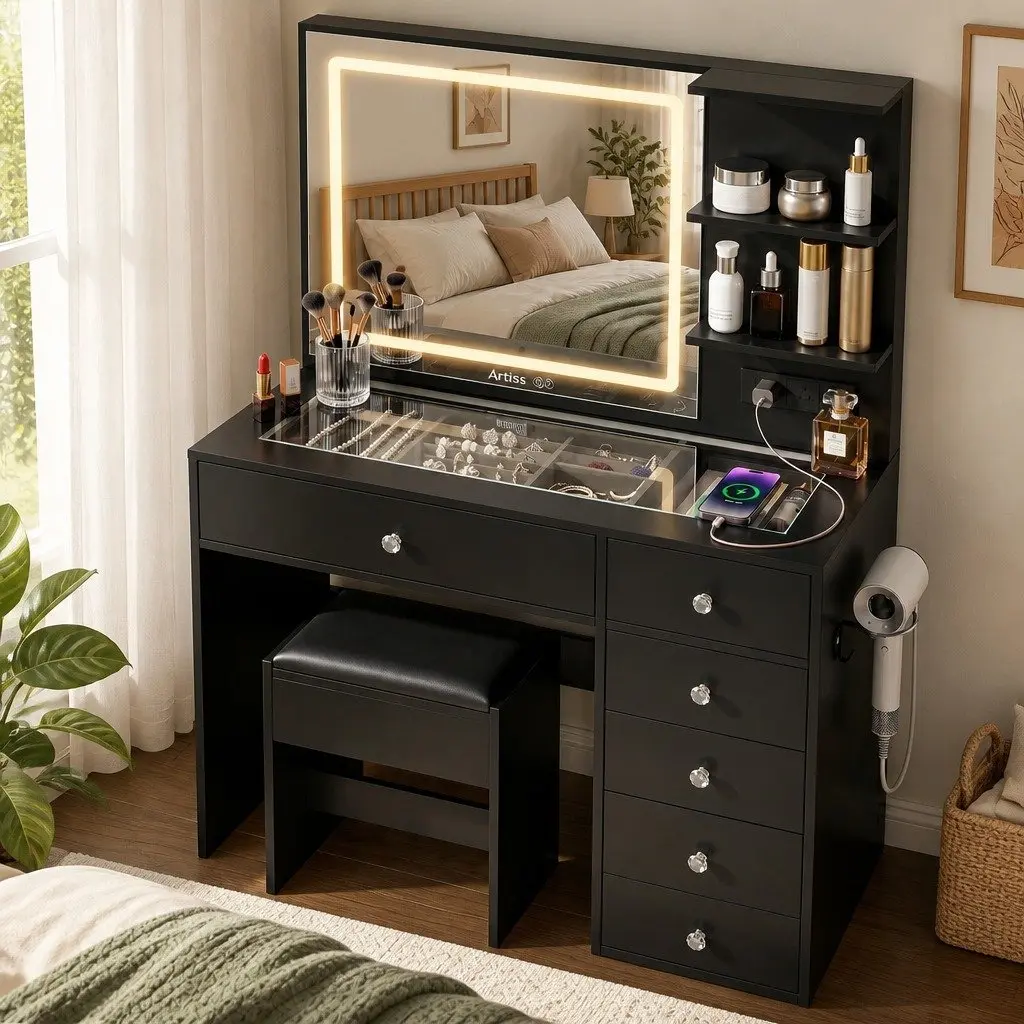 Dressing Vanity Desk with LED Mirror Black Adjustable Lighting Storage and Foam-Padded Stool