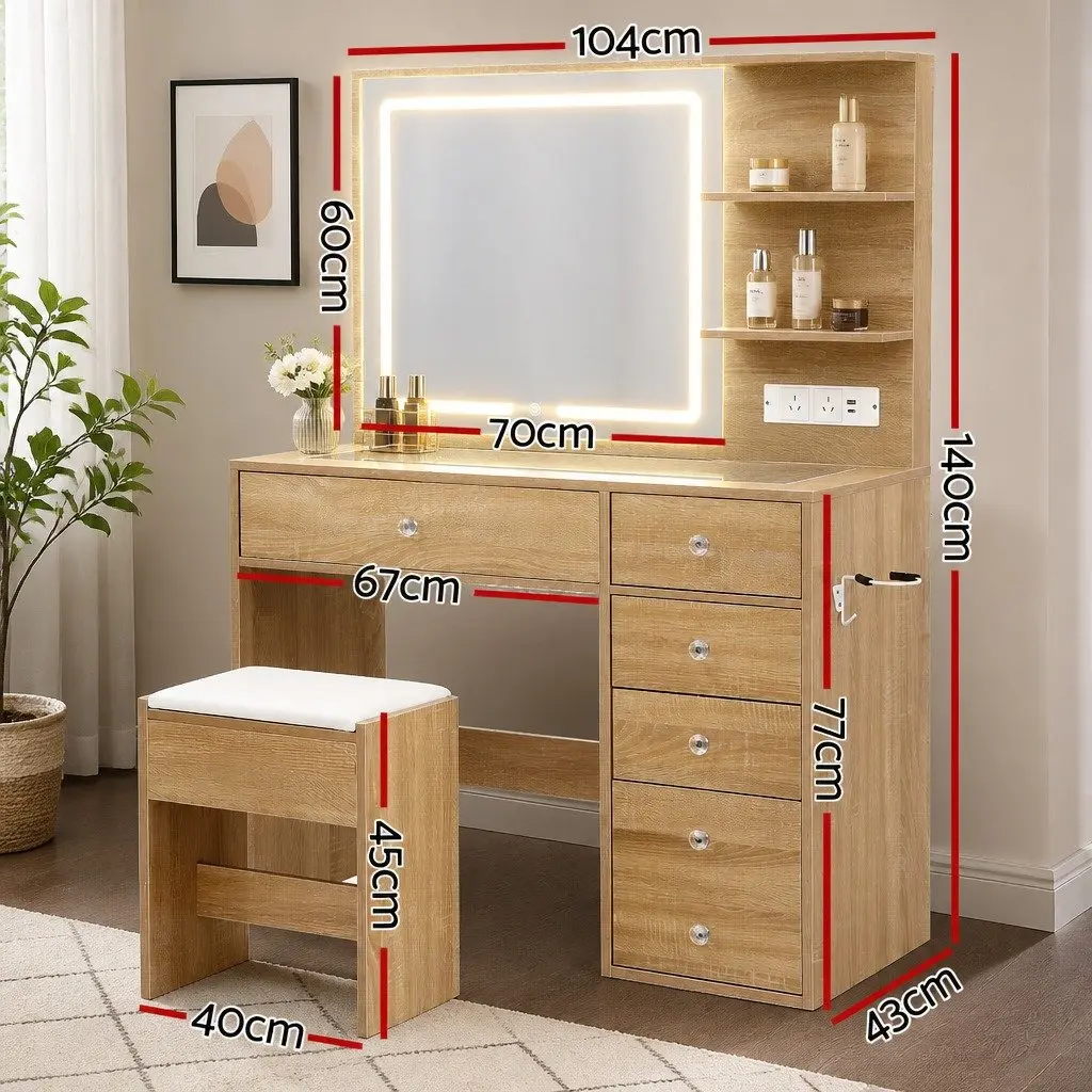 Dressing Table LED Vanity Desk Set with Stool and Mirror 5 Drawers Transparent Glass Desktop Bedroom Furniture