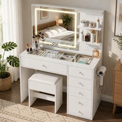 Hollywood-Style LED Vanity Table with Mirror & Stool Set