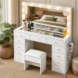 Elegant Dressing Table Vanity with LED Mirror and Stool
