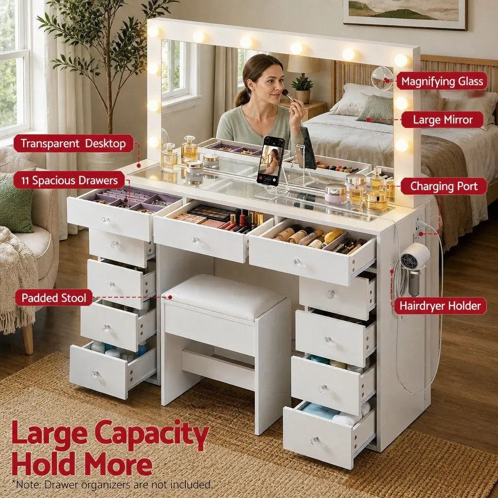 Dressing Table Vanity Desk with LED Mirror Stool White Bedroom Makeup Station