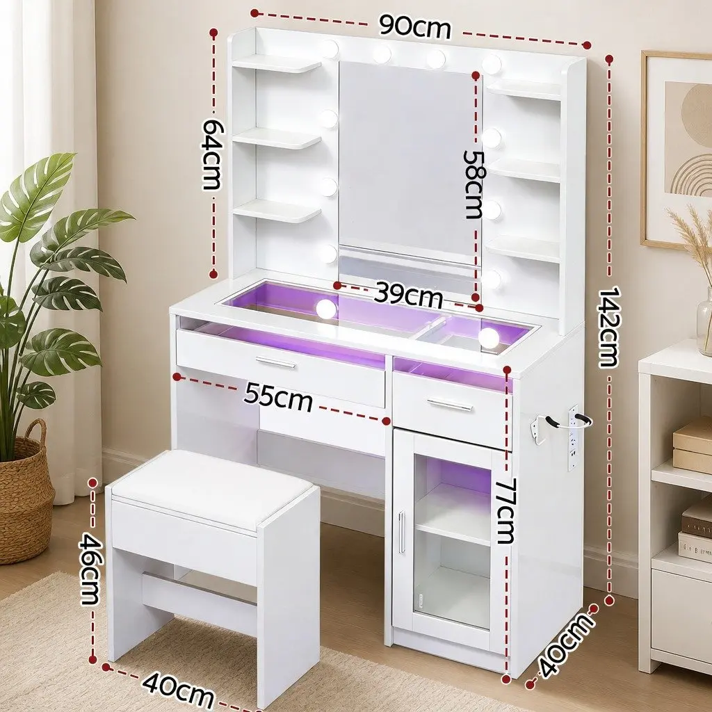 Dressing Table Vanity Desk 90cm with Hollywood Mirror 10 LED Bulbs RGB Light White