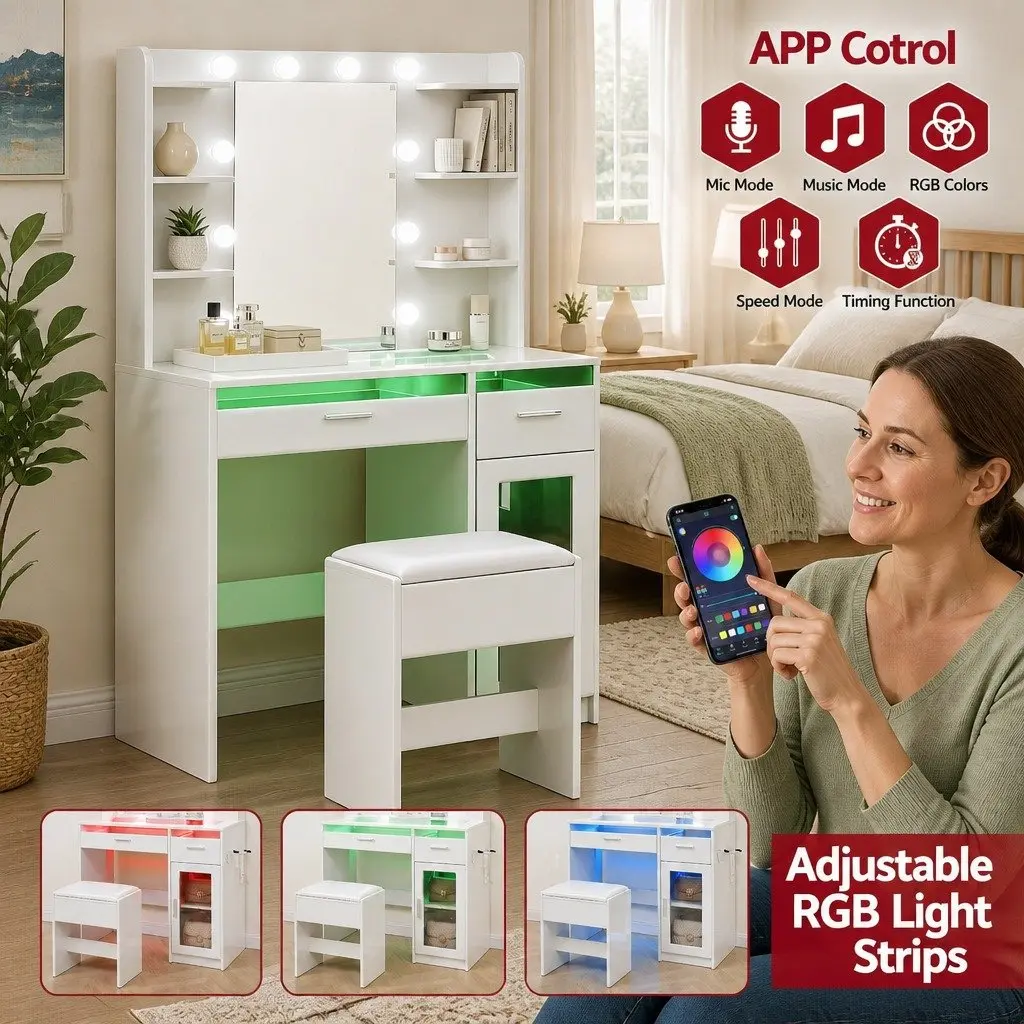 Dressing Table Vanity Desk 90cm with Hollywood Mirror 10 LED Bulbs RGB Light White