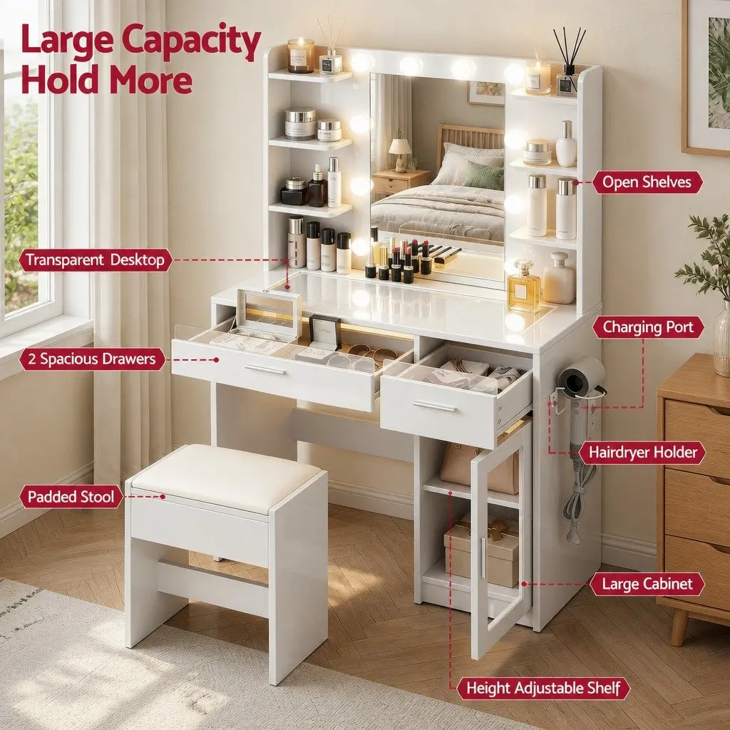 Dressing Table Vanity Desk 90cm with Hollywood Mirror 10 LED Bulbs RGB Light White