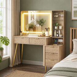 Dressing Table LED Vanity Desk with Charging Station Bedroom Makeup Mirror