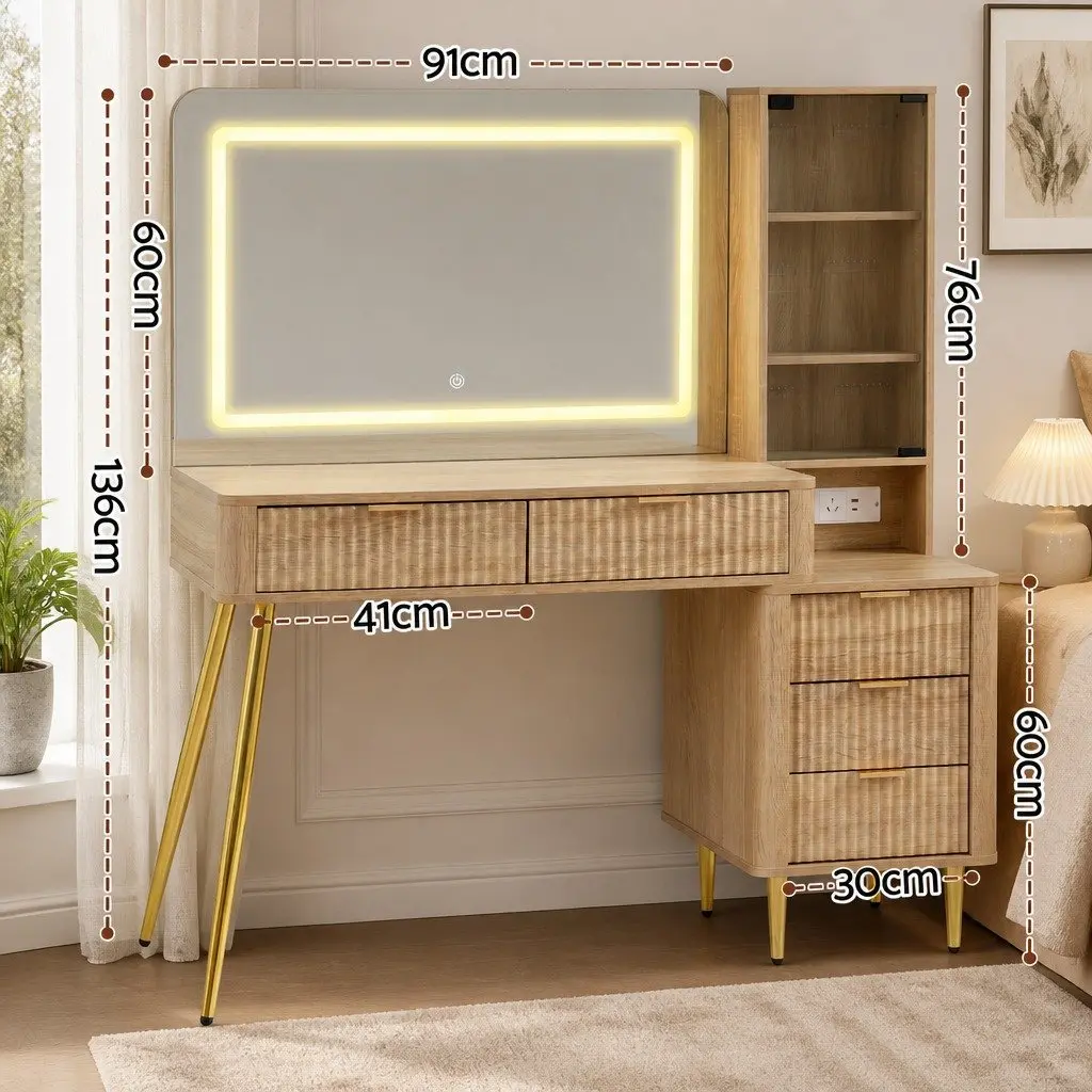 Dressing Table LED Vanity Desk with Charging Station and Hollywood-style Mirror Wood Finish