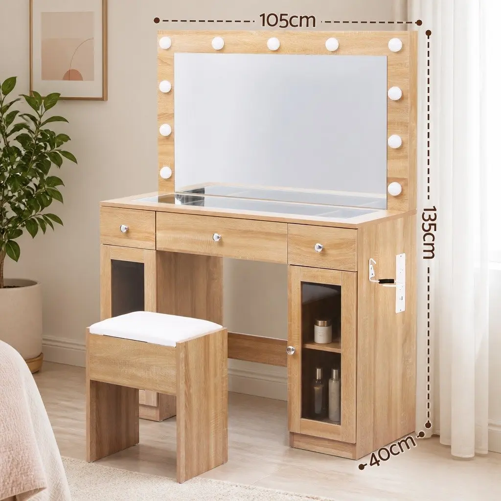 Dressing Table Vanity Desk with LED Hollywood Mirror RGB Bulbs Wood Drawers Foam Padded Stool