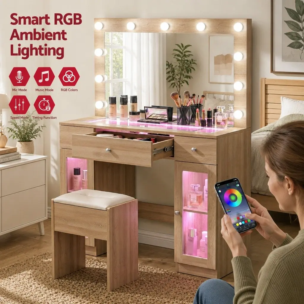 Dressing Table Vanity Desk with LED Hollywood Mirror RGB Bulbs Wood Drawers Foam Padded Stool