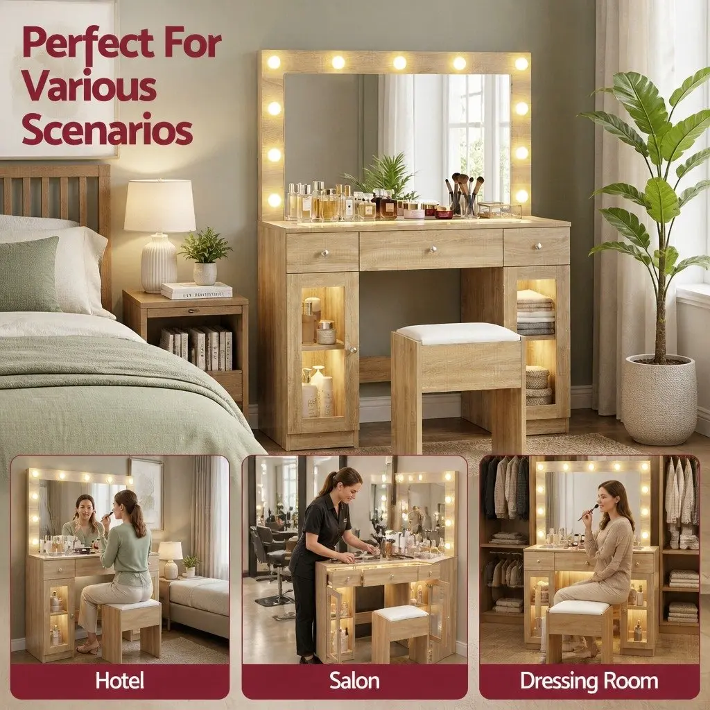 Dressing Table Vanity Desk with LED Hollywood Mirror RGB Bulbs Wood Drawers Foam Padded Stool
