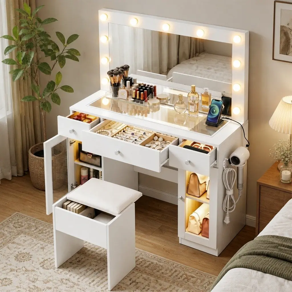 Vanity Desk with RGB Lighting Hollywood Mirror LED Bulbs White Transparent Desktop and Storage Drawers