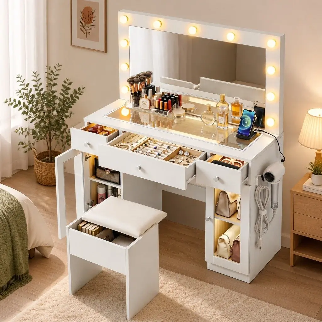 Vanity Desk with RGB Lighting Hollywood Mirror LED Bulbs White Transparent Desktop and Storage Drawers