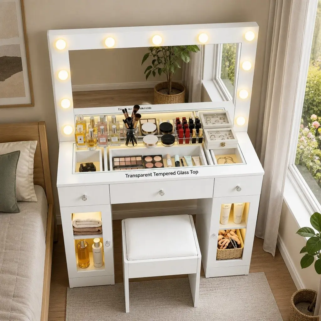 Vanity Desk with RGB Lighting Hollywood Mirror LED Bulbs White Transparent Desktop and Storage Drawers