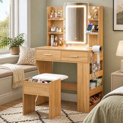 Dressing Vanity Desk LED Makeup Mirror Hollywood Style Stool Wood Bedroom