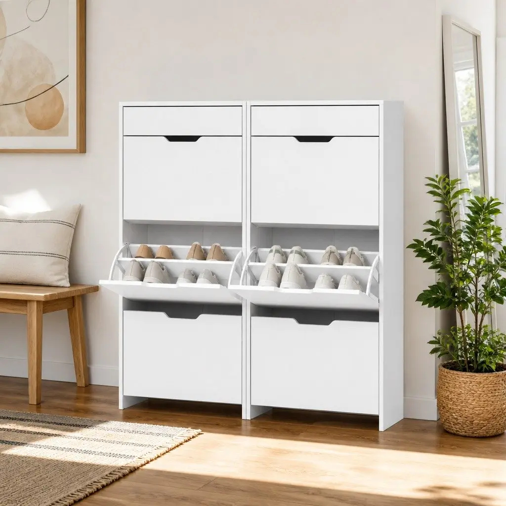 Shoe Cabinet 2-Piece White High-Gloss Freestanding Storage with Flip-Down Drawers