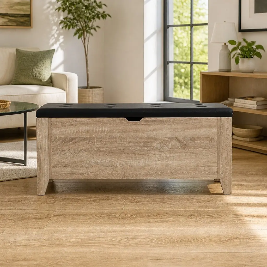 Storage Ottoman 106cm Oak Wooden Frame Tufted Seat with Ample Storage Capacity