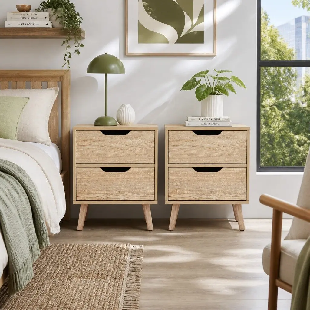 Bedside Table 2 Drawers Black Pine Wood Nightstand Bedroom Storage Furniture