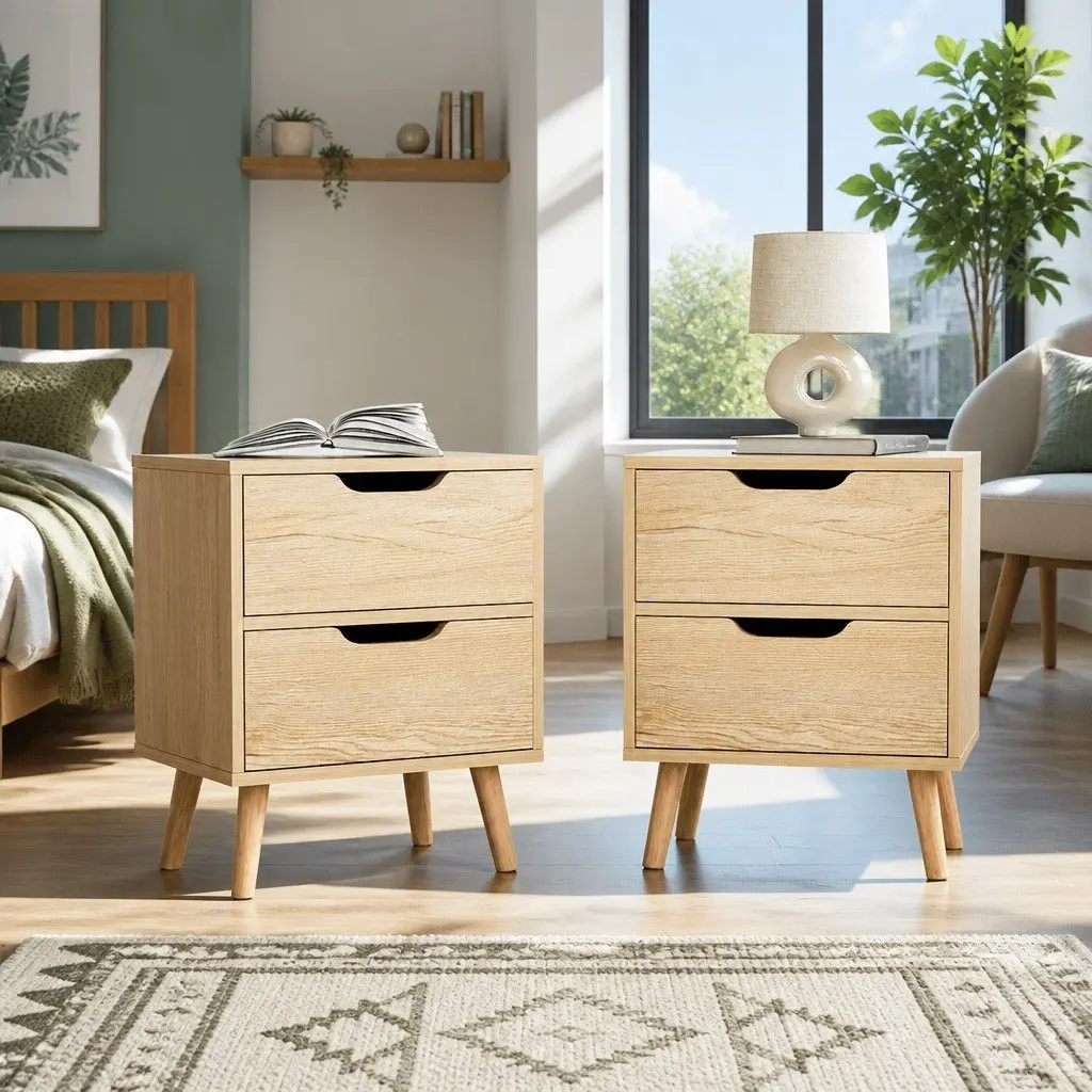 Bedside Table 2 Drawers Black Pine Wood Nightstand Bedroom Storage Furniture