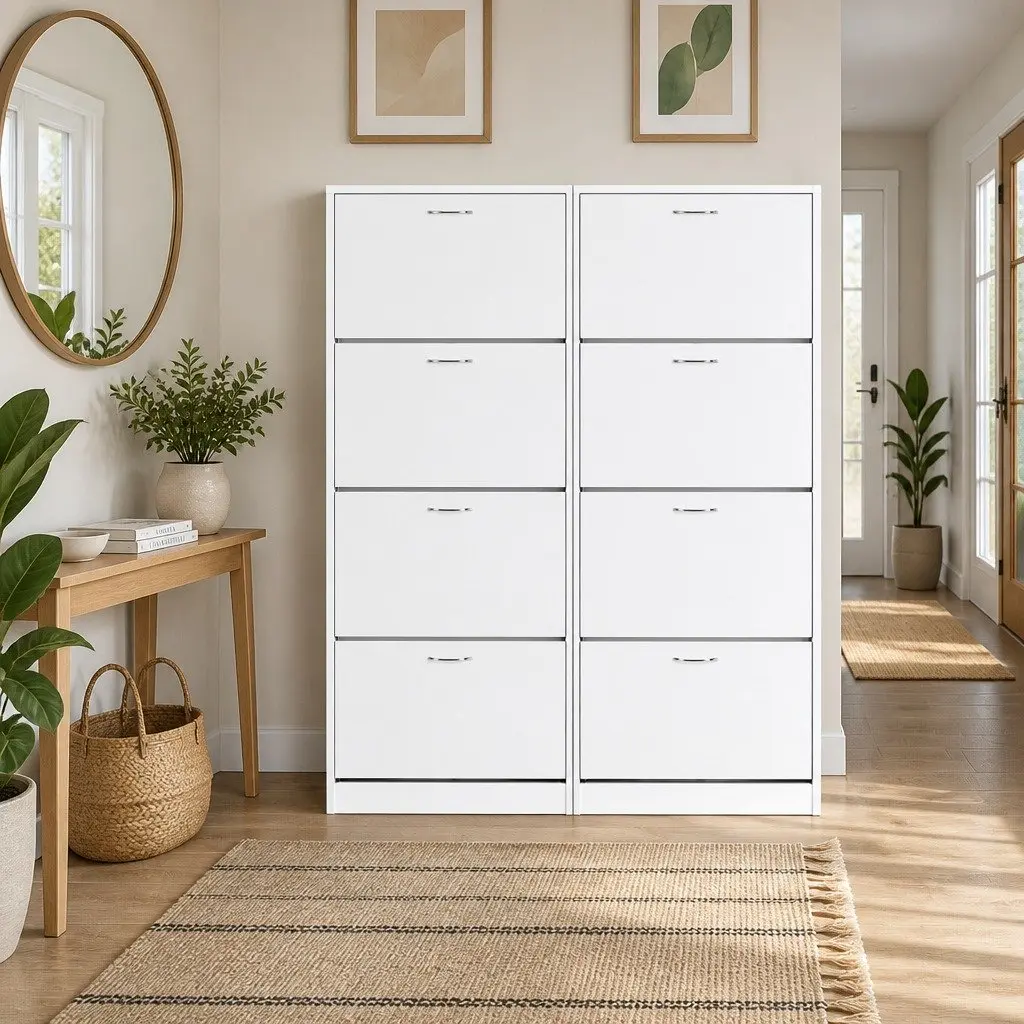 Shoe Rack Cabinet 4 Door White Storage Organiser Adjustable Shelves