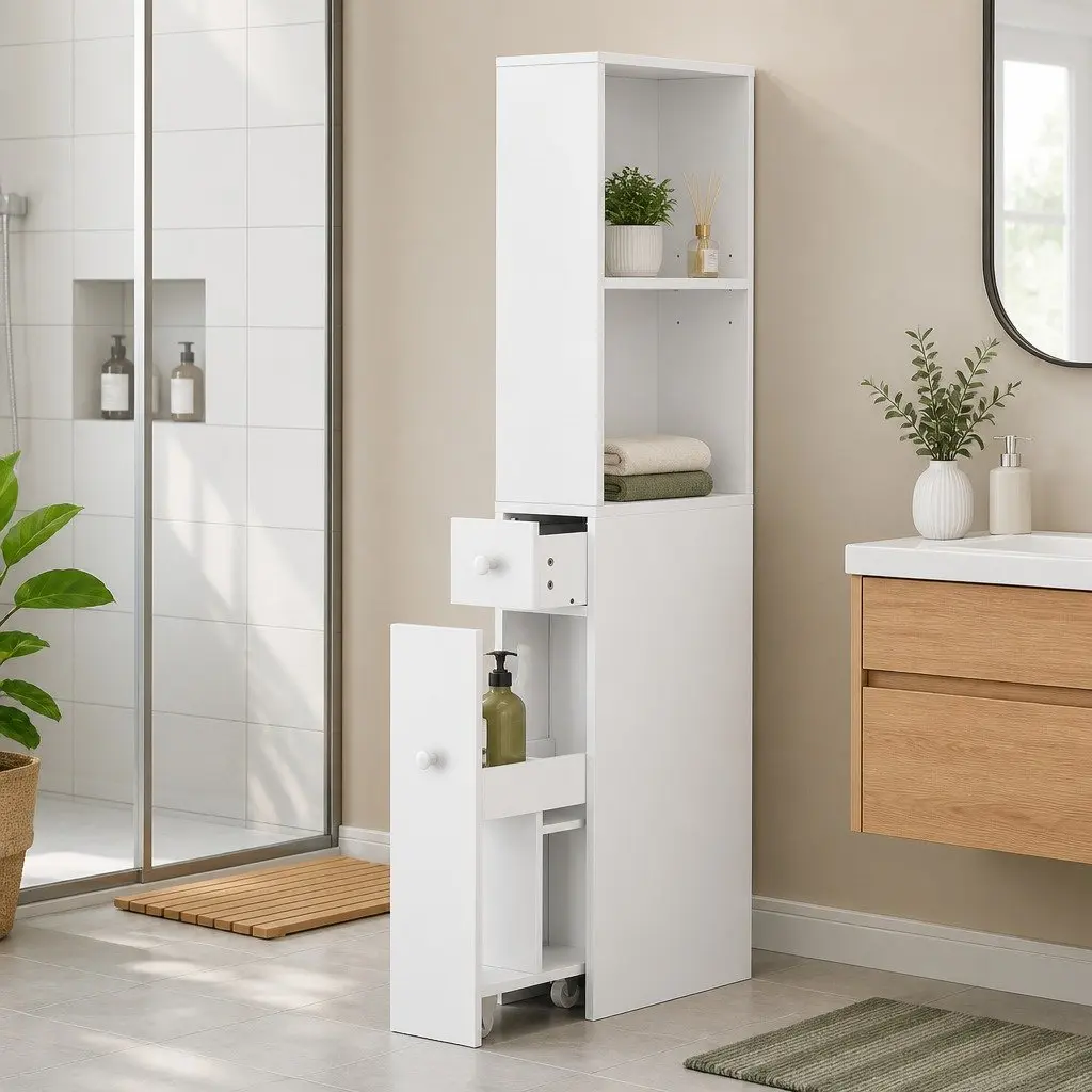 Bathroom Storage Cabinet 135cm Tall Slim Organiser with Adjustable Shelves Slide-Out Drawer and Pull-Out Cabinet
