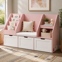 Functional Toy Box Cabinet and Reading Bench in Pink