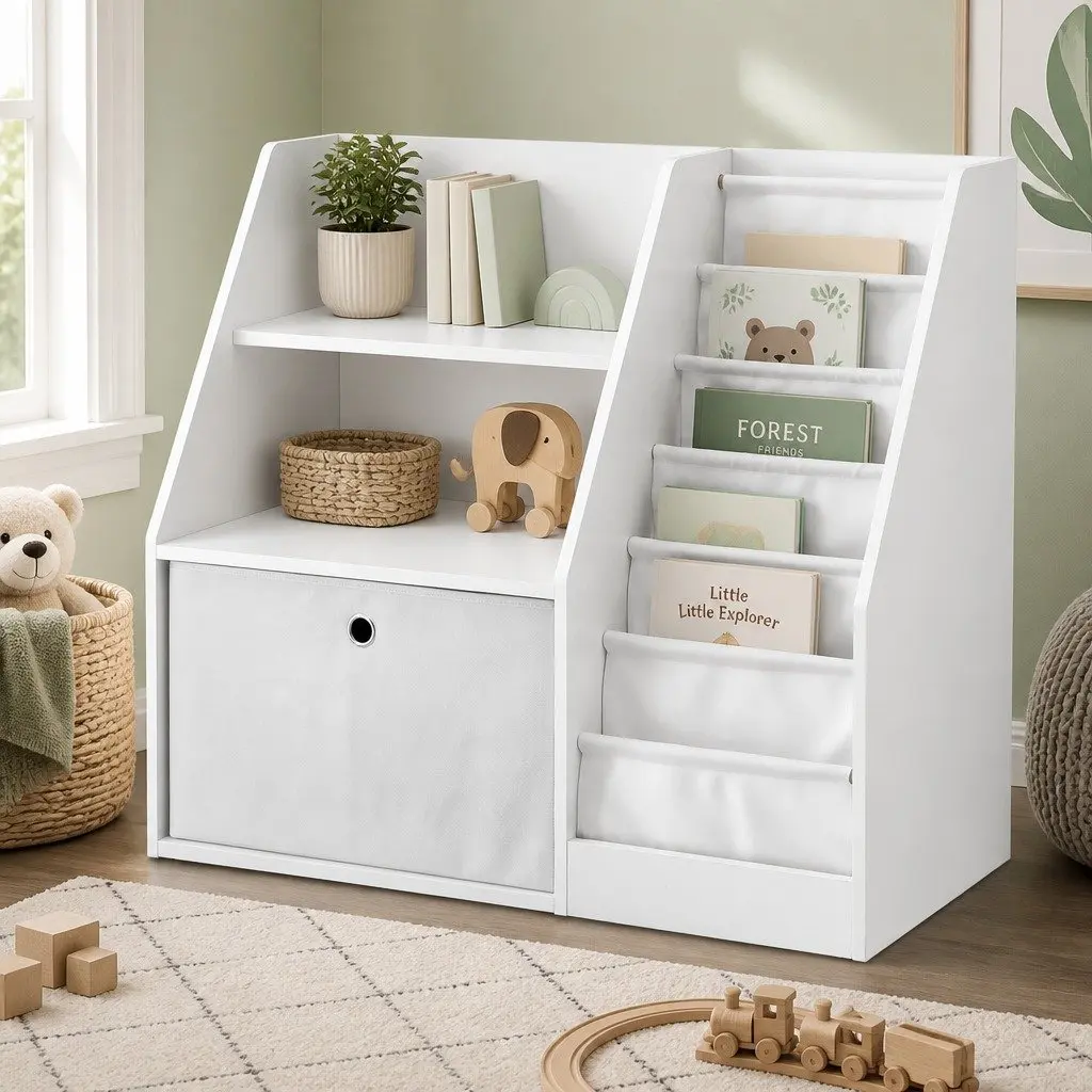 Kids Bookshelf Storage Organizer with Fabric Sling Pouches Drawer Shelving White