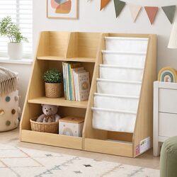 Kids Bookshelf Storage Organizer with Sling Pouches Open Shelves Fabric Drawer