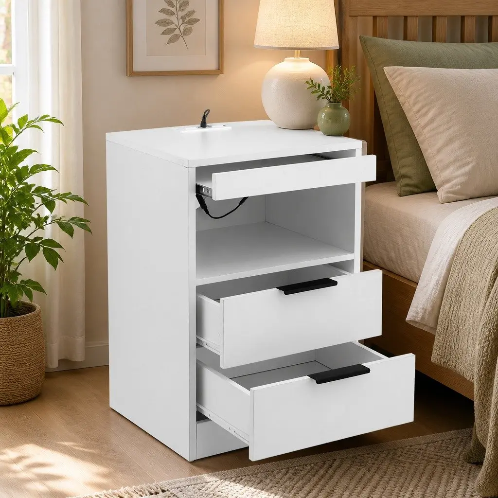 Bedside Table White 2 Drawers LED Nightstand with Charging Station and Customisable RGB Lighting