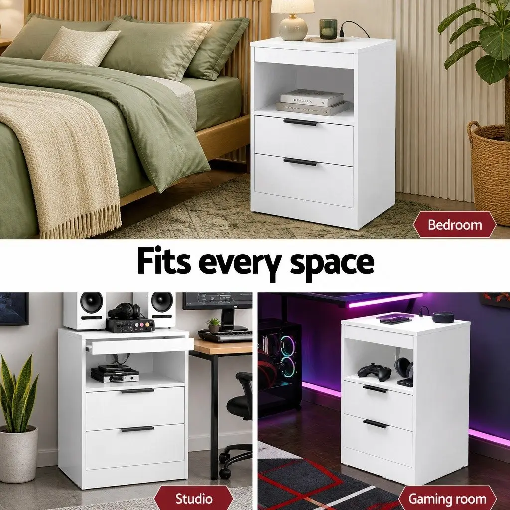 Bedside Table White 2 Drawers LED Nightstand with Charging Station and Customisable RGB Lighting