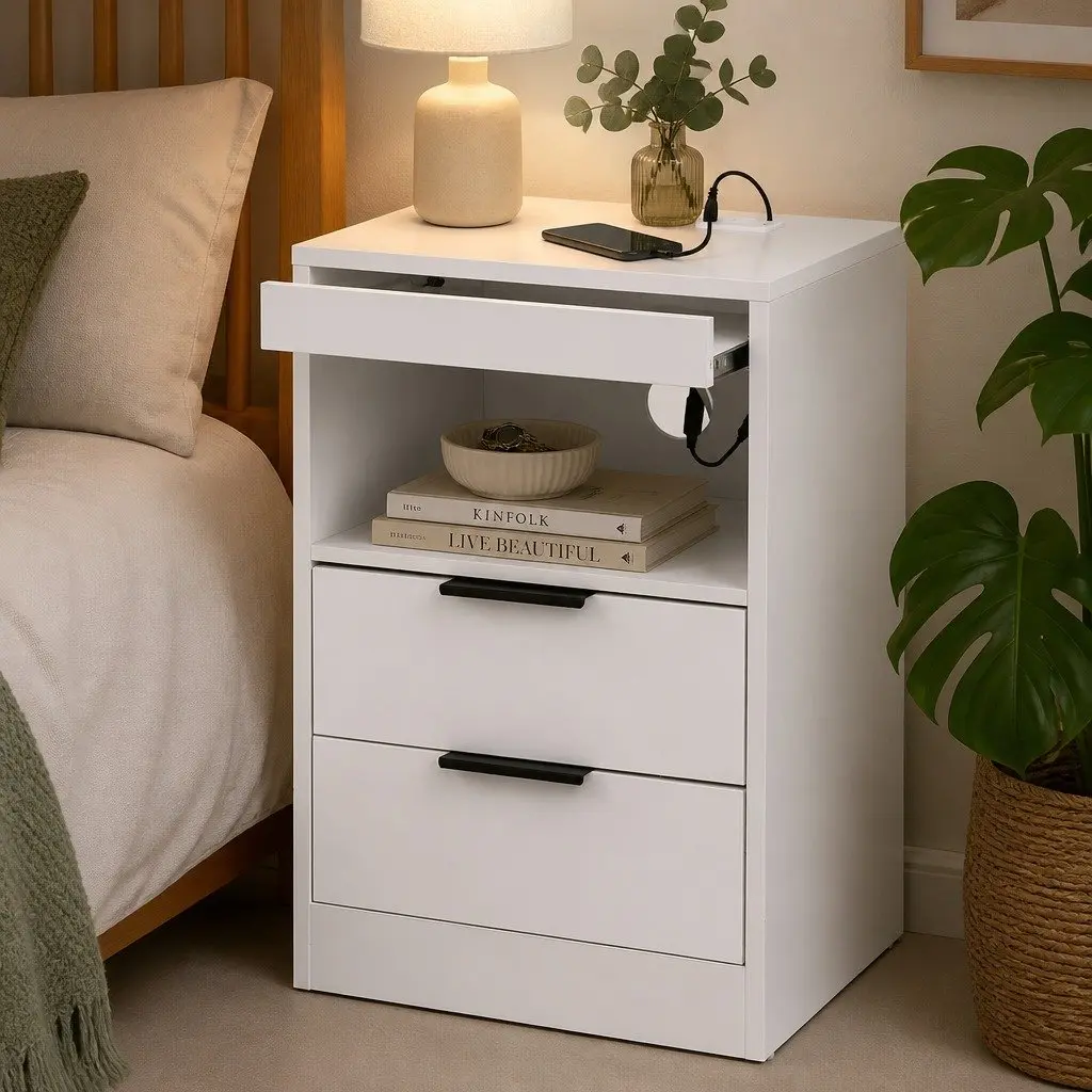 Bedside Table White 2 Drawers LED Nightstand with Charging Station and Customisable RGB Lighting