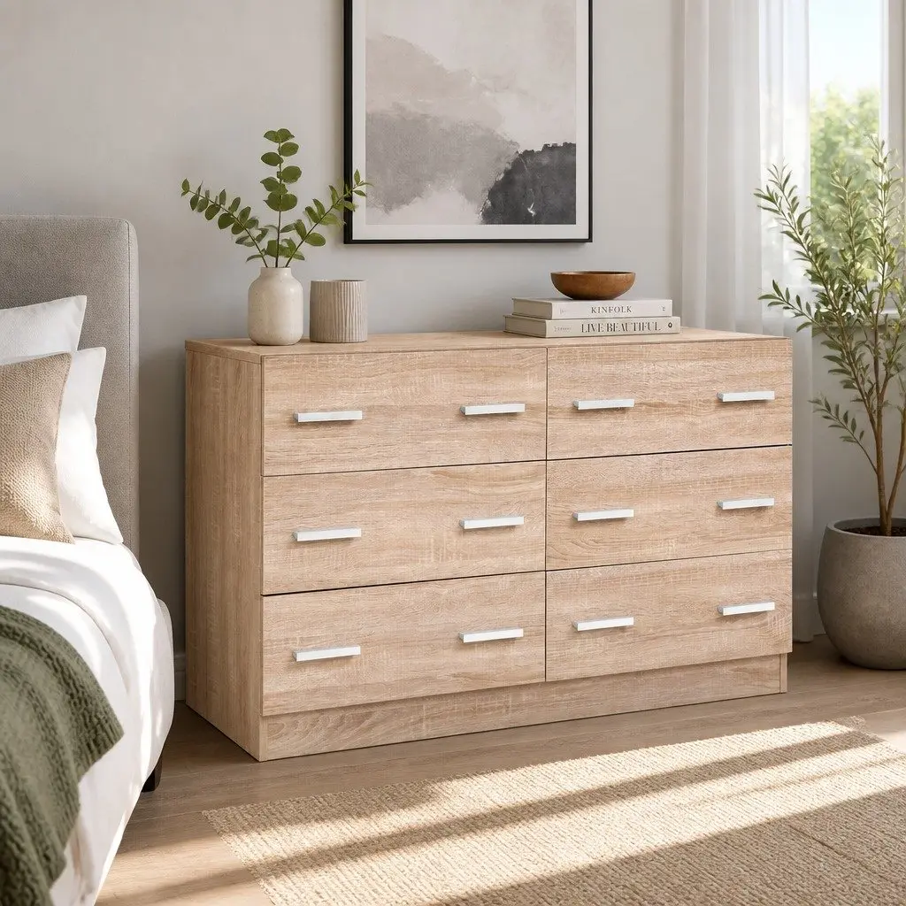 6 Drawer Lowboy Dresser Pine Wood Bedroom Storage Chest with Melamine Finish