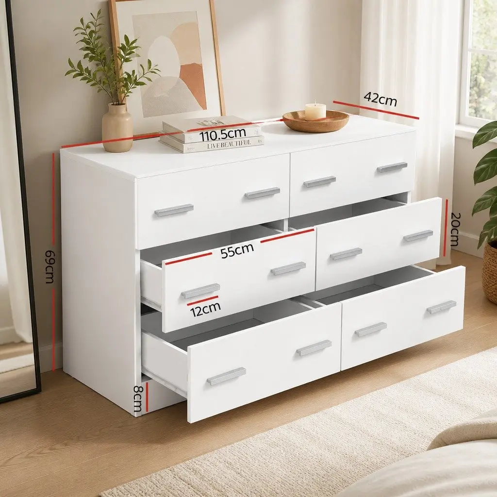 6 Drawer Chest of Drawers White Storage Cabinet Lowboy Dresser Furniture