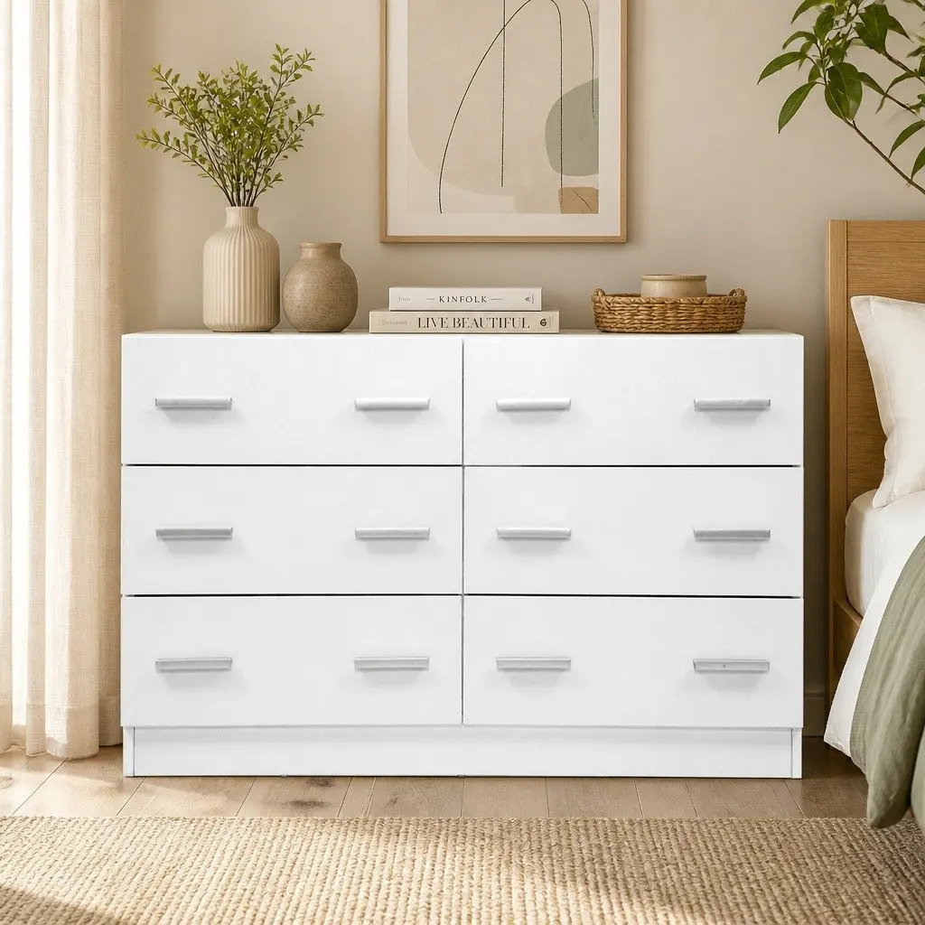 6 Drawer Chest of Drawers White Storage Cabinet Lowboy Dresser Furniture